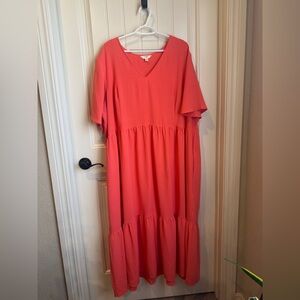 Plus size Orange/Coral V-Neck Tiered Maxi Dress